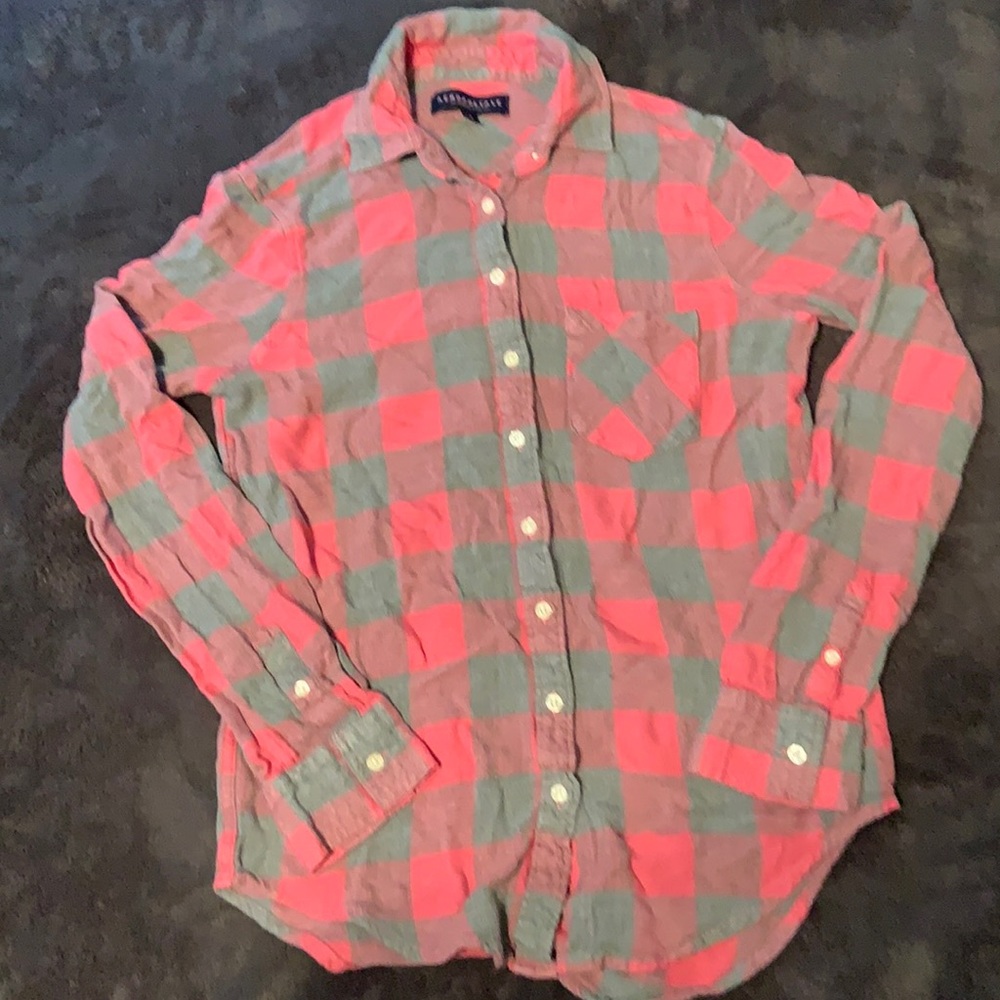 Aeropostale Womens Long Sleeve Flannel Plaid Button Up Short Size Medium